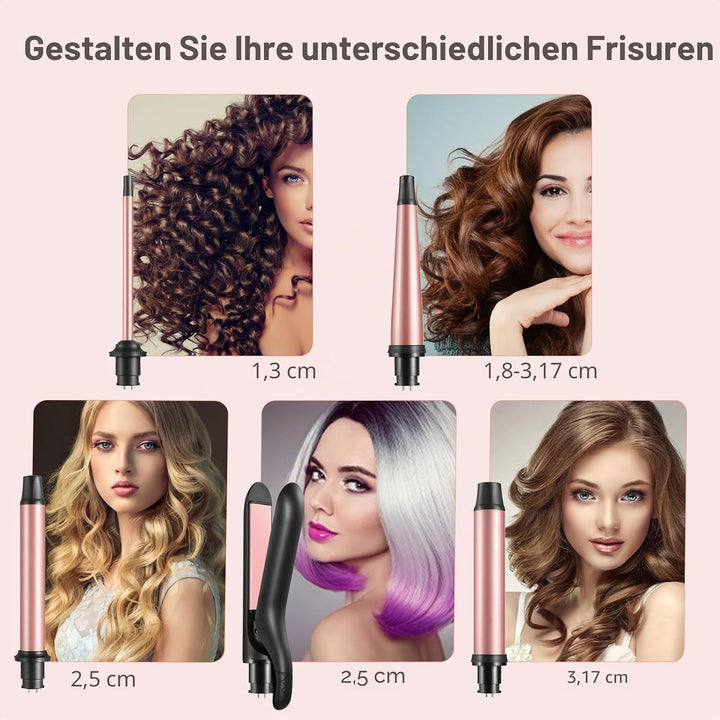 5 in 1 Lockenstäbe mit Glätteisen, Lockenstab mit verschiedenen Aufsätzen für Grosse und Kleine Lock