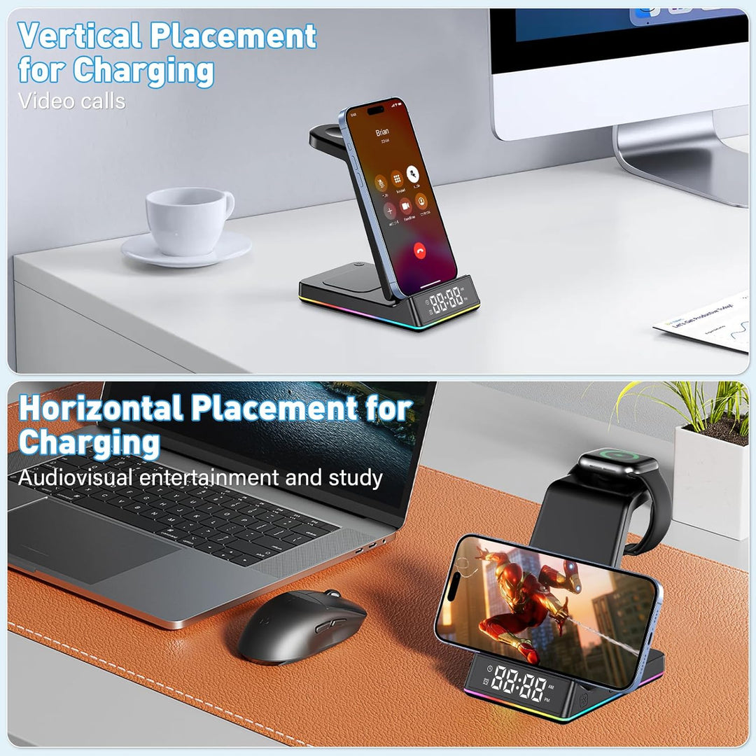 5 in 1 Ladestation Apple Watch und iPhone, Wireless Charger Induktive Ladestation iPhone mit Uhr LED