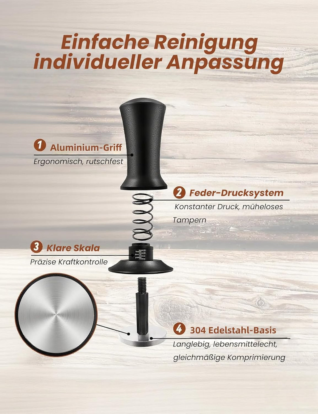 Kaffee Tamper 51mm, Edelstahl Espresso Tamper mit 15lbs Anpressdruck, 304 Edelstahl Base, Skalenanpa