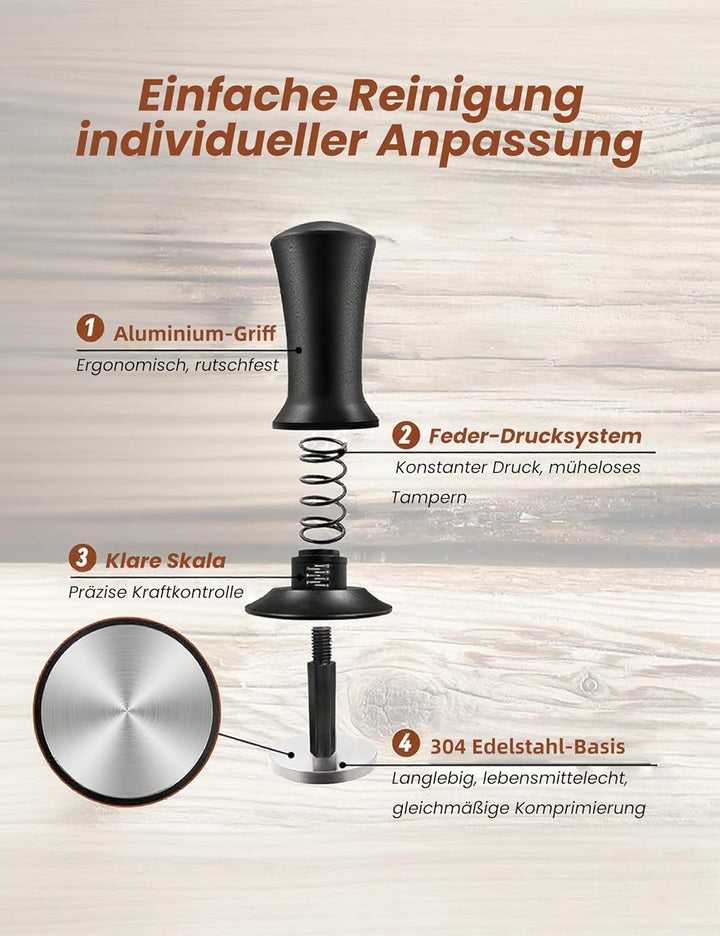 Kaffee Tamper 53mm, Kaffeepresse, Espresso Tamper mit 30lbs Anpressdruck, Skalenanpassung, 304 Edels