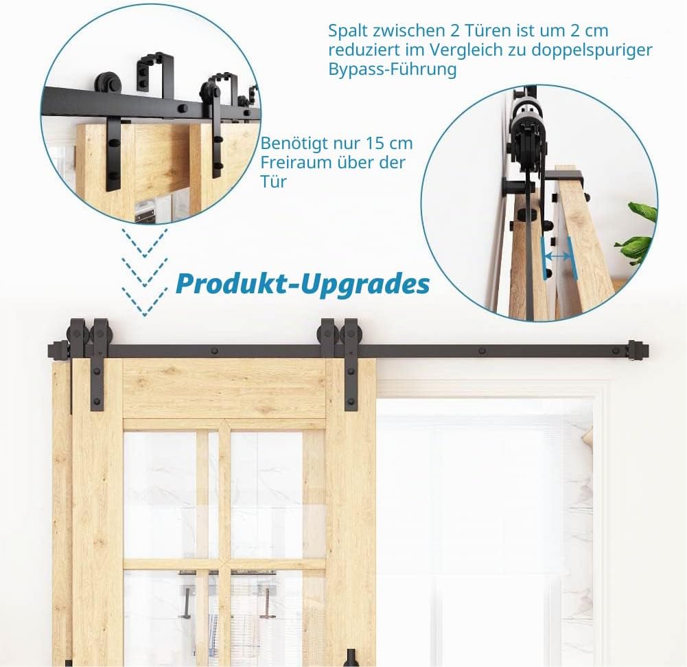 WINSOON 200CM/6.6FT Schiebetür Komplettset Bypass Doppeltür Schiebetürschiene Schiebetür, Schwarz Sc