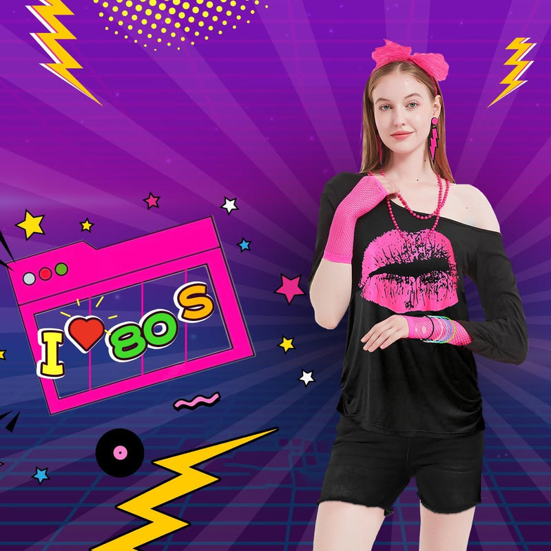 WILDPARTY 80er 90er Jahre Outfit Damen, T-Shirt, Beinwärmer, Stirnband, Ohrring, Halskette, Netzhand