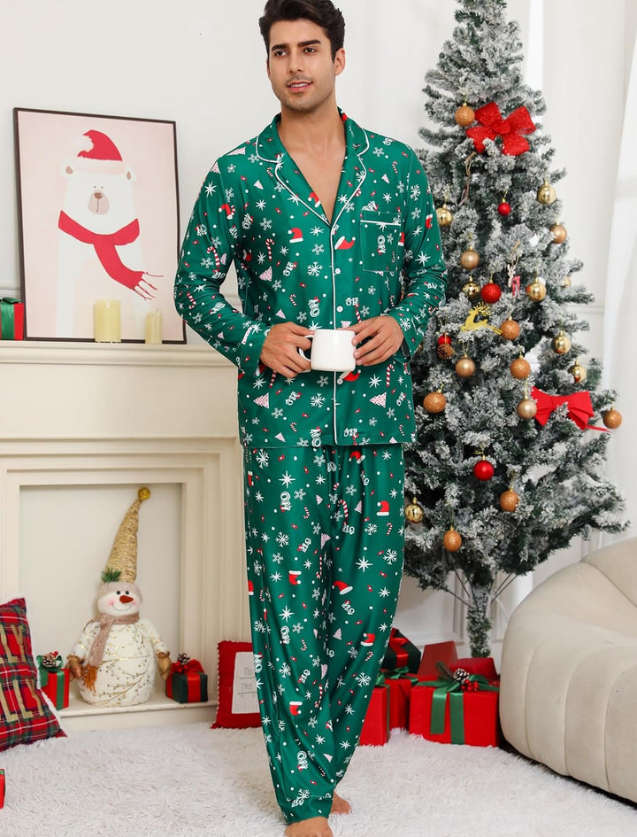 ENJOYNIGHT Weihnachtspyjama Paare Schlafanzug Weihnachten Partner Pyjama Set Langarm Knopfleiste Nac