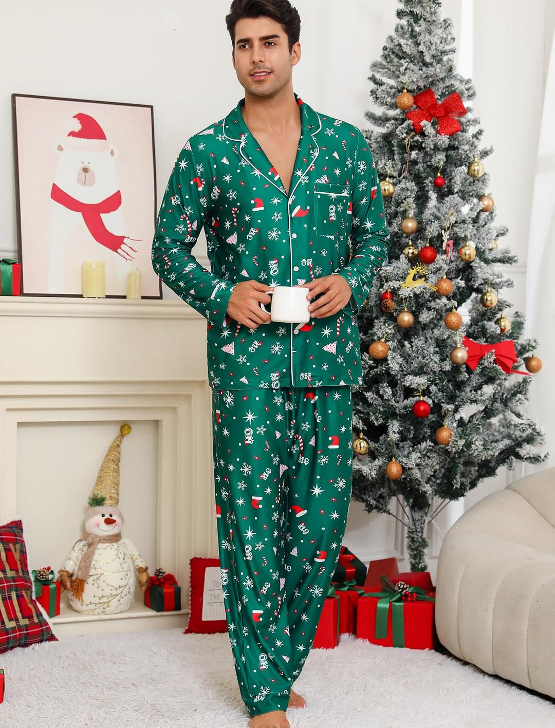 ENJOYNIGHT Weihnachtspyjama Paare Schlafanzug Weihnachten Partner Pyjama Set Langarm Knopfleiste Nac