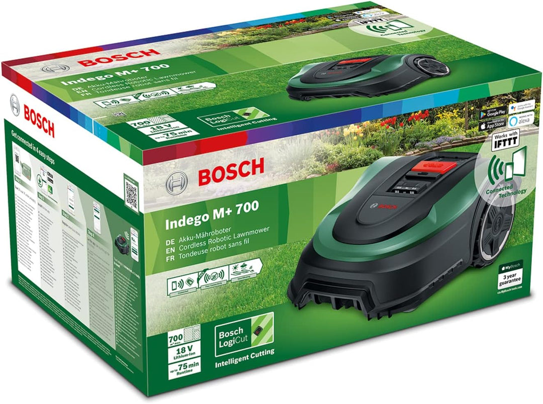 Bosch Rasenmäher Roboter Indego M+ 700 (mit 18V Akku und App-Funktion, Ladestation enthalten, Schnit
