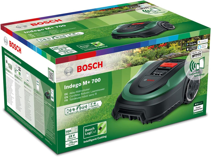 Bosch Rasenmäher Roboter Indego M+ 700 (mit 18V Akku und App-Funktion, Ladestation enthalten, Schnit