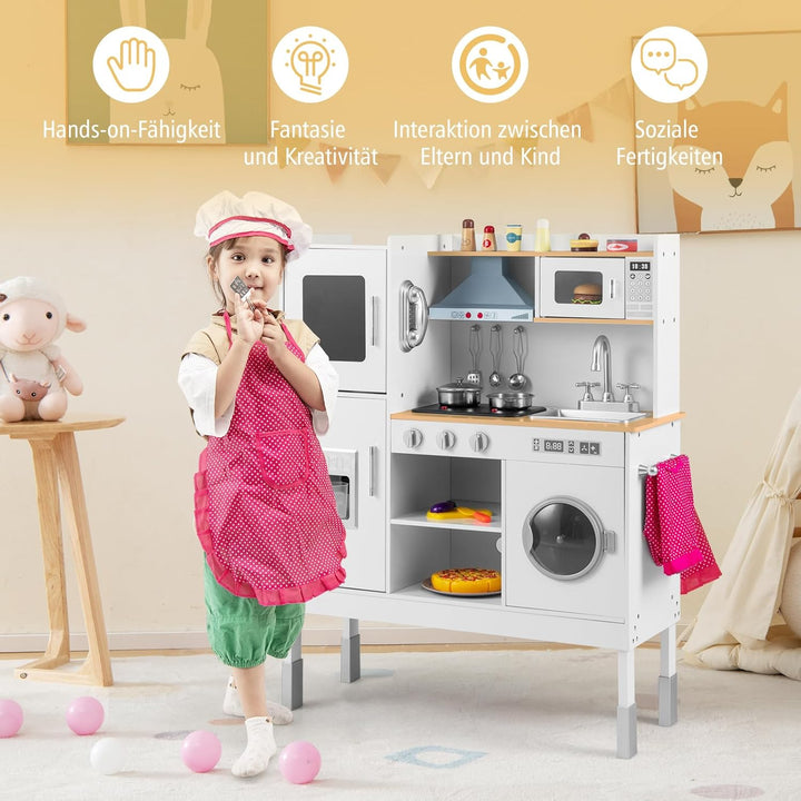 COSTWAY Kinderküche Holz, Spielküche mit Licht und Sound, Holzküche mit Tafel, Mikrowell, Spüle, Ofe