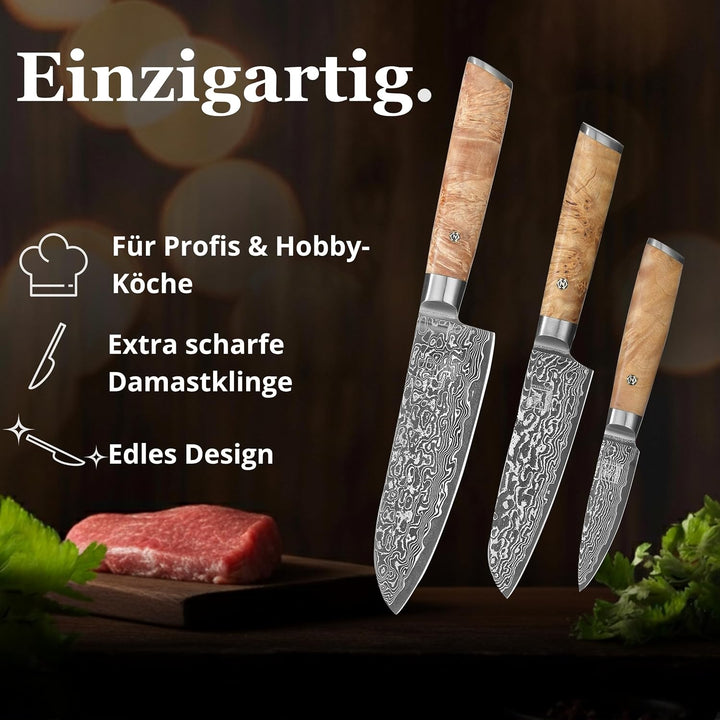 zayiko Kinone Premium 3er Damastmesser-Set mit 8-17 cm Klinge gefertigt aus 67 Lagen echtem Damastst