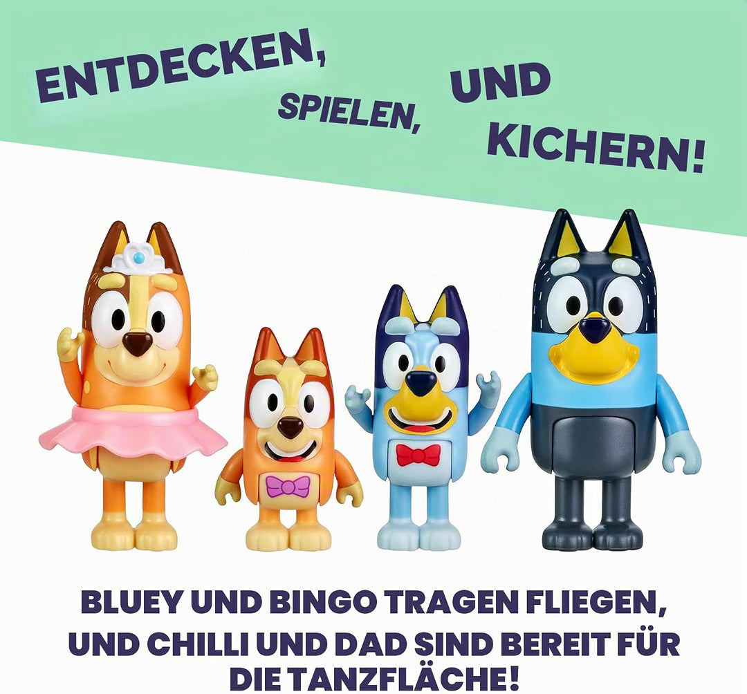 Bluey "The Show 4er-Pack 6,3–7,6 cm offizielle Actionfiguren, Bingo, Chili (Mama) und Bandit (Papa)