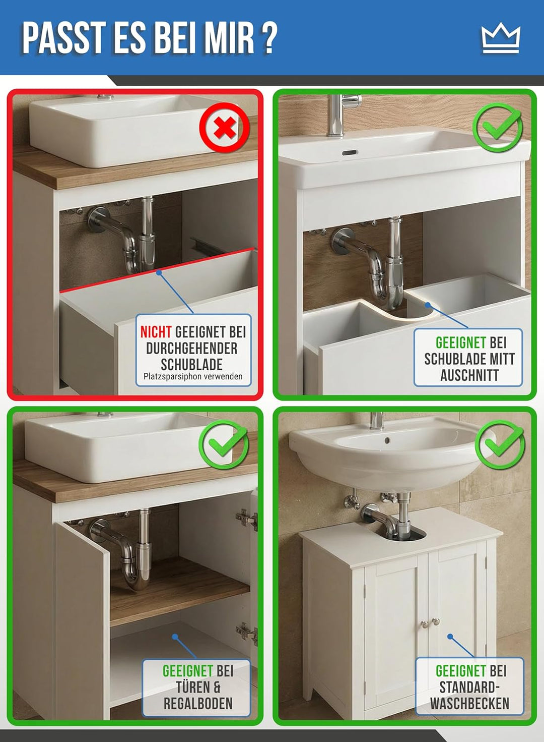 FEINER® Universal Siphon Waschbecken aus Chrom 1 1/4" Komplettset alles dabei, Tauchrohr 2-12 cm Höh