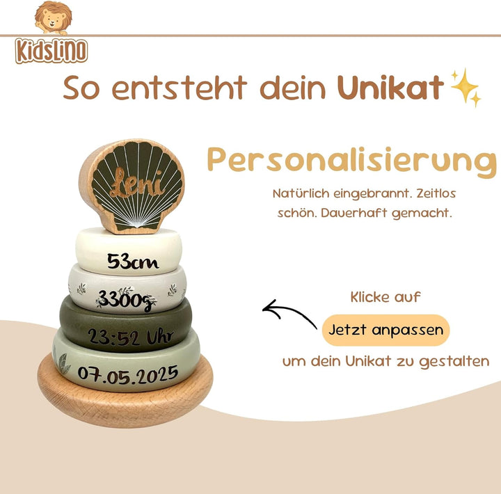 Personalisierbarer Holz-Stapelturm Olive – fördert Feinmotorik & Koordination – für Kinder ab 12 Mon