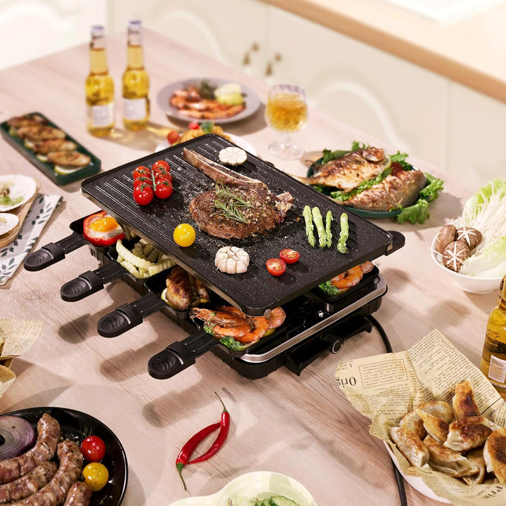 2-in-1 Raclette Grill 8 Personen Elektrisch Tischgrill Antihaftbeschichtet Wende-Grillplatte Elektro