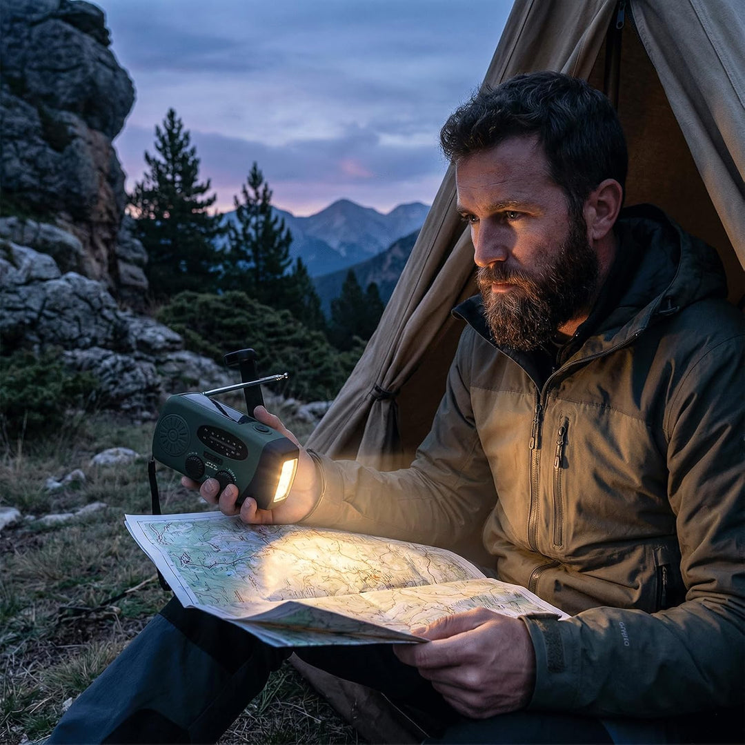 Notfallradio mit Kurbel und Solar, Tragbare Kurbelradio mit LED-Taschenlampe, AM/FM Empfang, SOS-Ala