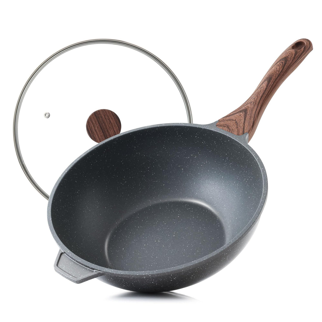 SENSARTE Antihaft Pfanne 28cm, Tiefe Wokpfanne mit Deckel, Schweizer Granitbeschichtung Kochpfanne G