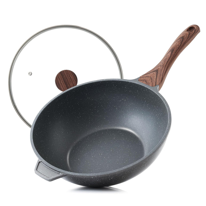 SENSARTE Antihaft Pfanne 28cm, Tiefe Wokpfanne mit Deckel, Schweizer Granitbeschichtung Kochpfanne G