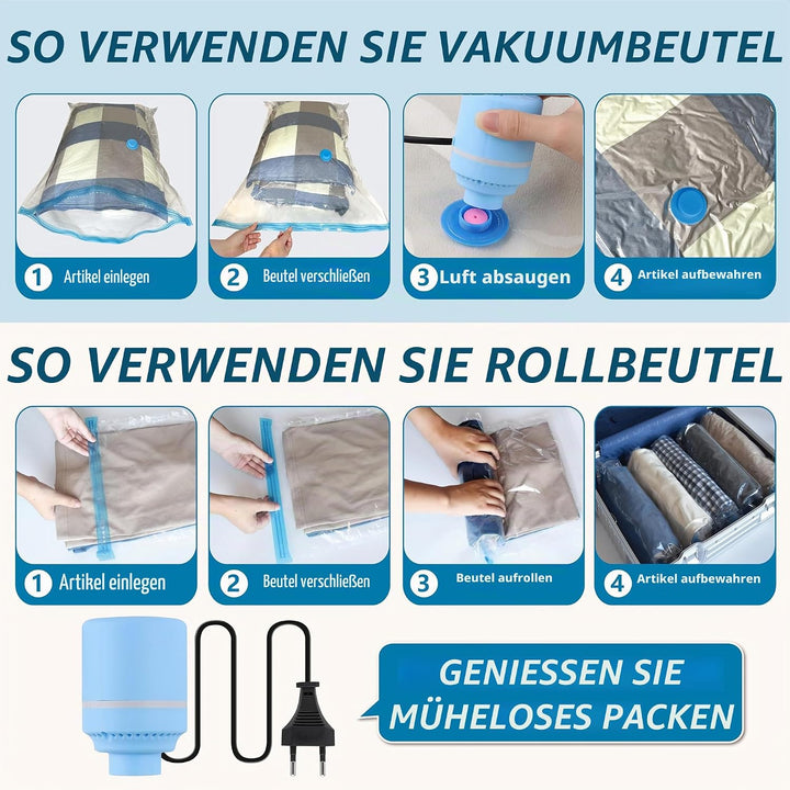 Vakuumbeutel mit Elektrische Pumpe für Reise, 12 Vakuumbeutel Kleidung Wiederverwendbar für Bettdeck