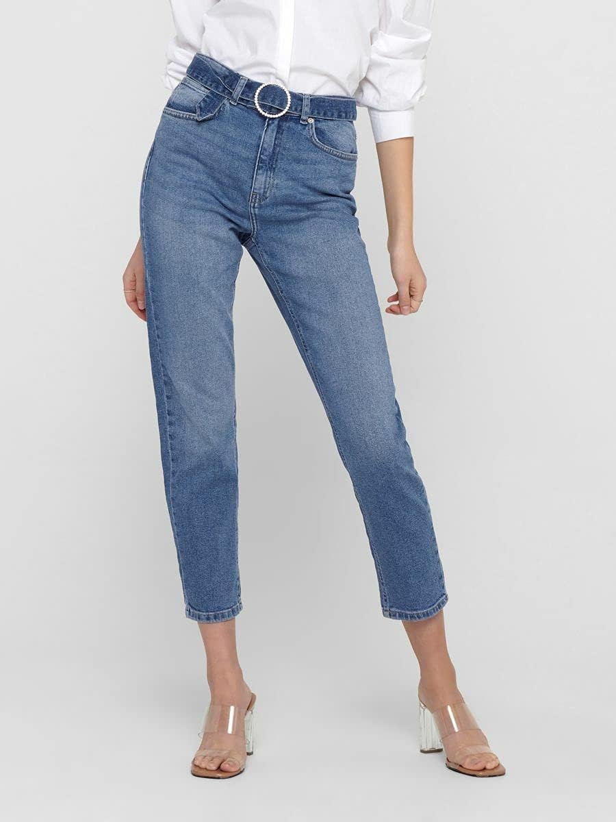 ONLY Damen Onlemily Life Hw Ankle Rs Belt DNM Bj Jeans 28W / 32L Medium Blue Denim, 28W / 32L Medium