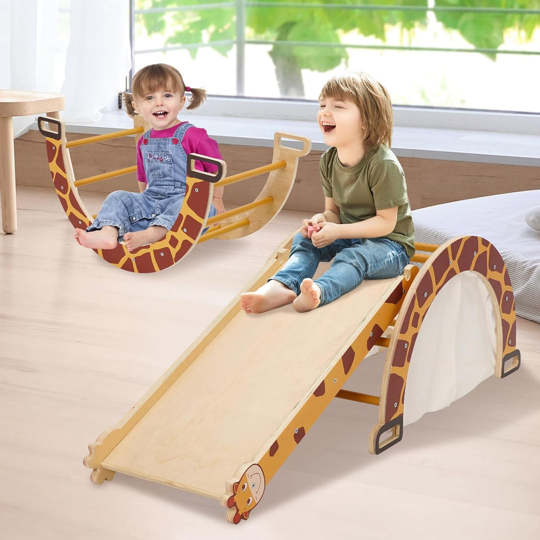 Klettergerüst Indoor mit Bogen, Rutsche, Schaukelstuhl, 4-in-1 Montessori Kletterbogen für Kleinkind