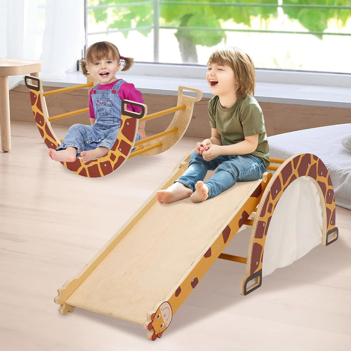Klettergerüst Indoor mit Bogen, Rutsche, Schaukelstuhl, 4-in-1 Montessori Kletterbogen für Kleinkind