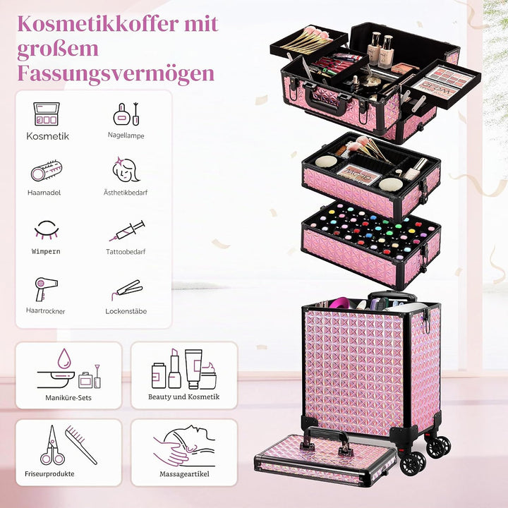 Arous 5-in-1 Profi-Kosmetikkoffer, Aluminium, mit 360° drehbaren Rädern Rosa, Rosa