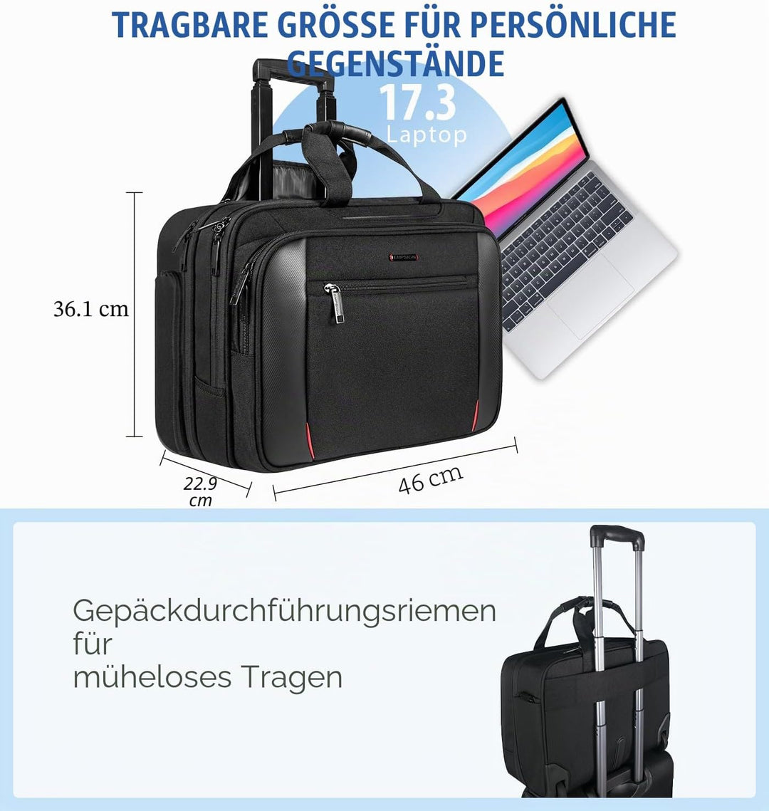 EMPSIGN Business Trolley Laptoptasche mit Rollen, Rolling Laptop Case mit Rädern bis zu 17,3 Zoll La