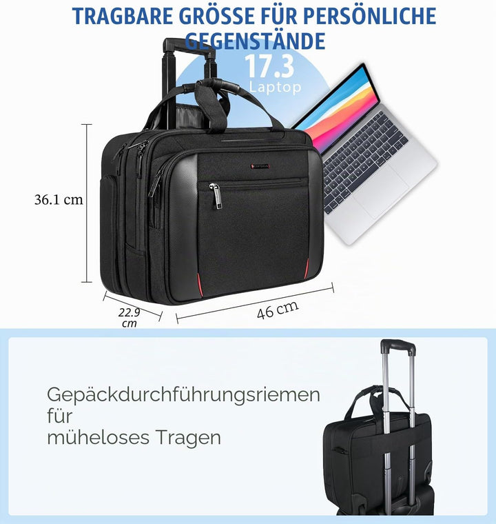 EMPSIGN Business Trolley Laptoptasche mit Rollen, Rolling Laptop Case mit Rädern bis zu 17,3 Zoll La