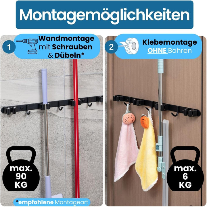 Stahlia Besenhalterung Wand Edelstahl Gerätehalter 3 Haken + 4 Halter Schwarz-matt schraubbar & selb