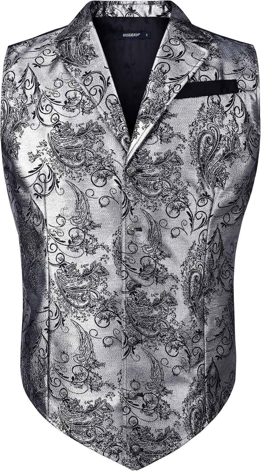 HISDERN Herren Paisley Weste Formelle Hochzeit Party Gothic Steampunk Revers Weste für Herren XL Sil