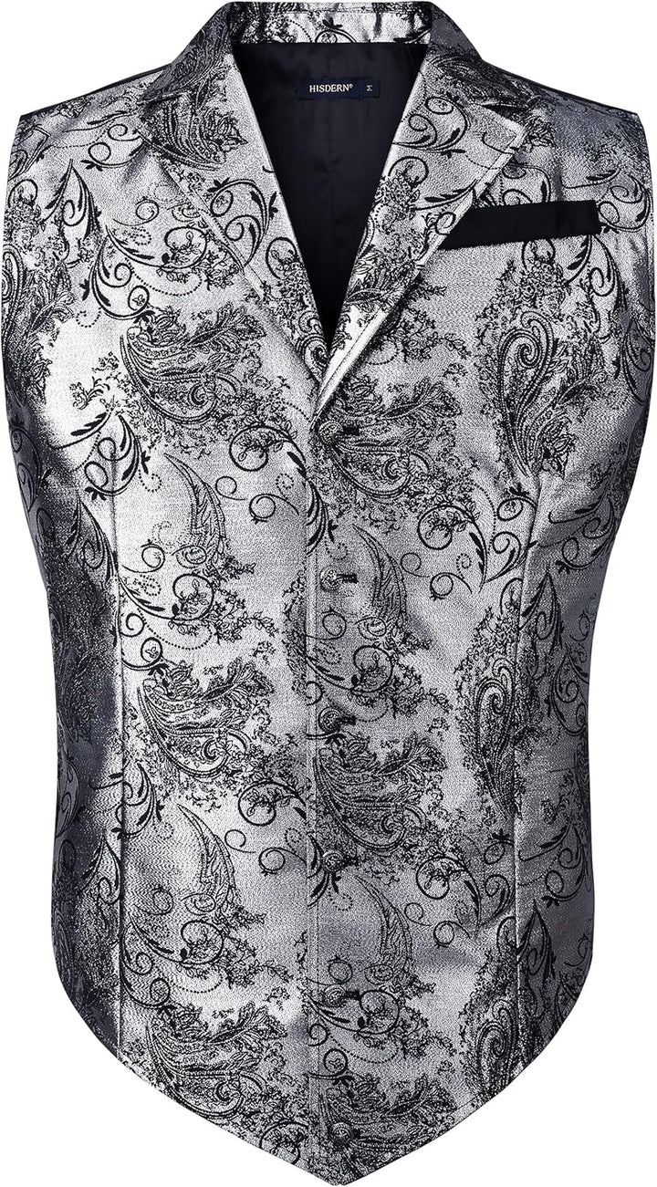 HISDERN Herren Paisley Weste Formelle Hochzeit Party Gothic Steampunk Revers Weste für Herren XL Sil