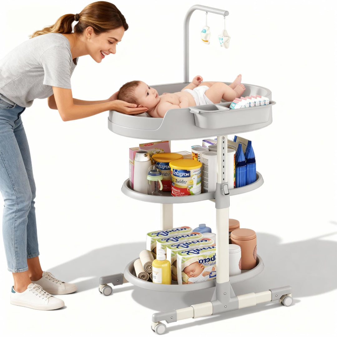 Wickeltisch, Wickelkommode für Baby, Höhenverstellbare Mobiler Baby Wickeltisch mit Stauraum, Tragba