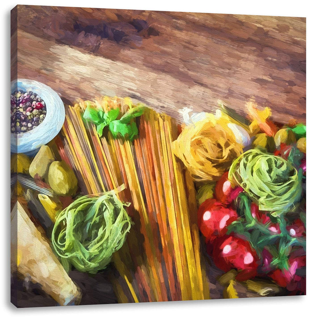 Pasta mit frischen Gewürzen, Format: 70x70 als Leinwandbild, tolle Bilder fertig auf Holzrahmen gesp