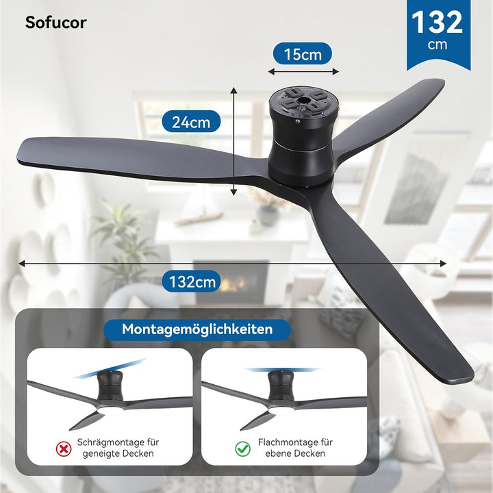 Sofucor 132cm Deckenventilator mit Beleuchtung,Massivholz Deckenventilator mit Licht und Fernbedienu