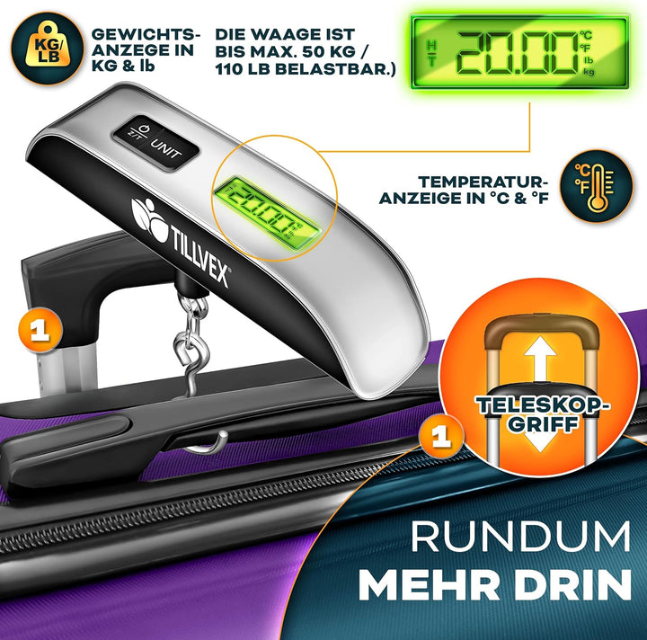 tillvex® Reisekoffer Set 3-TLG. + Gepäckwaage, 3X Koffergurte & 3X Kofferanhänger | Kofferset 4 Roll