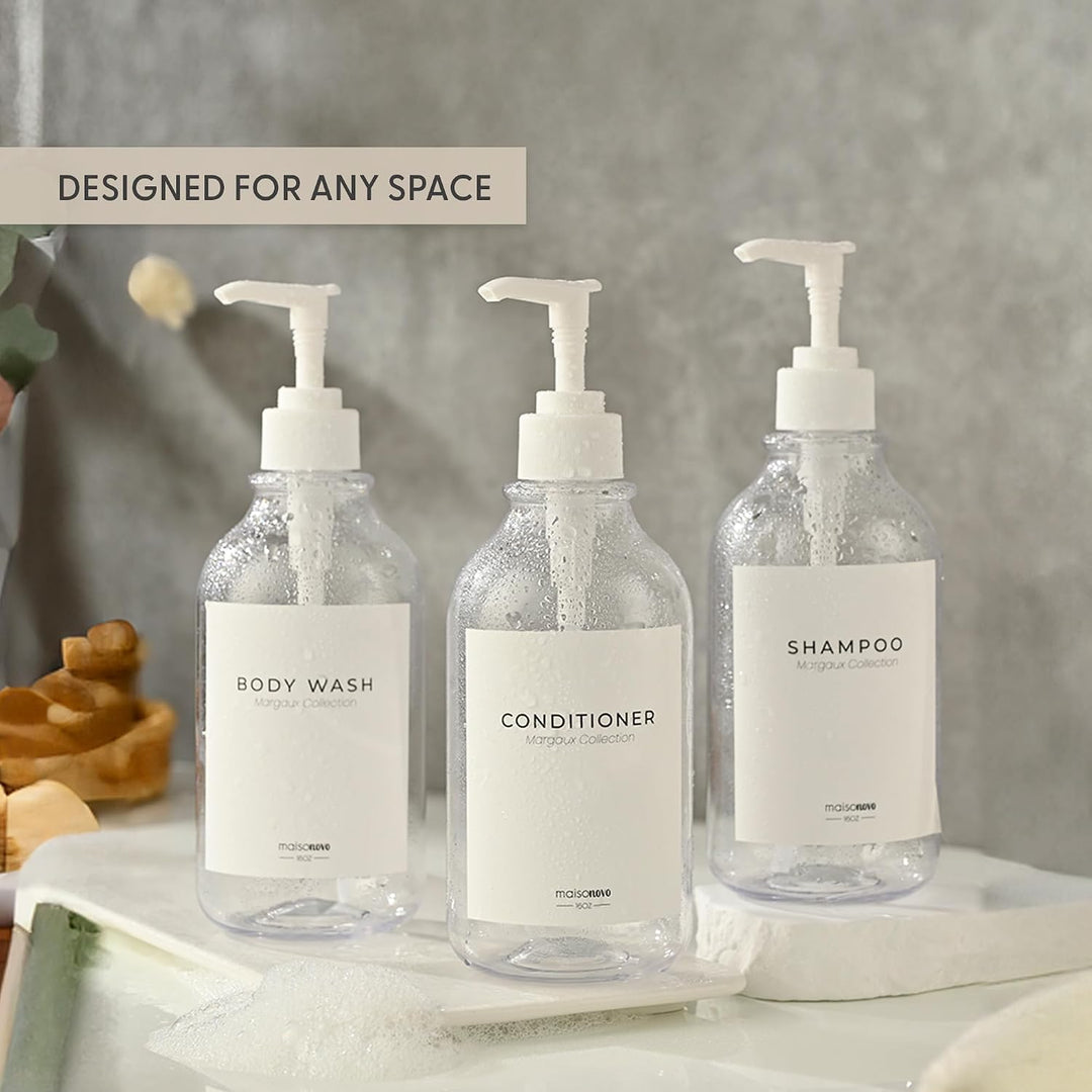 MaisoNovo Nachfüllbare Shampoo und Conditioner Flaschen | 500 ml Satz von 3 klaren Kunststoff-Flasch