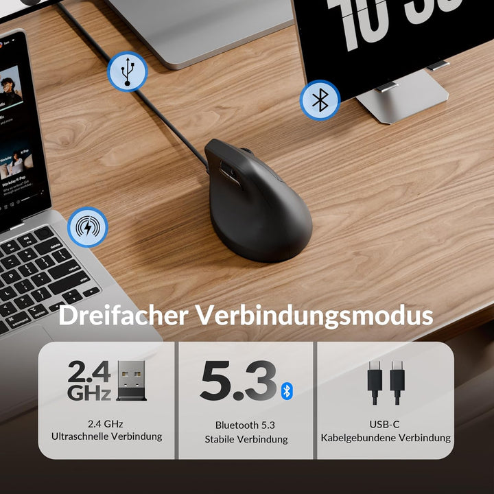 Keychron M5 8K ergonomische Vertikal-Gaming-Maus, 30 000 DPI, 750 IPS, 2,4 GHz/Bluetooth 5,3 / USB-C