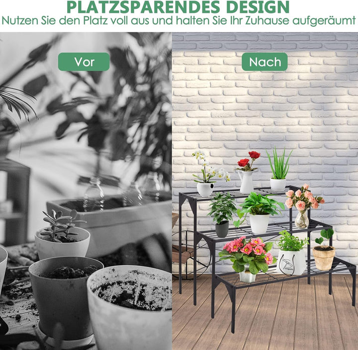 GOPLUS 3 Ebenen Metall Pflanzenständer, Blumentreppe Outdoor, Blumenregal Pflanzentreppe für Garten