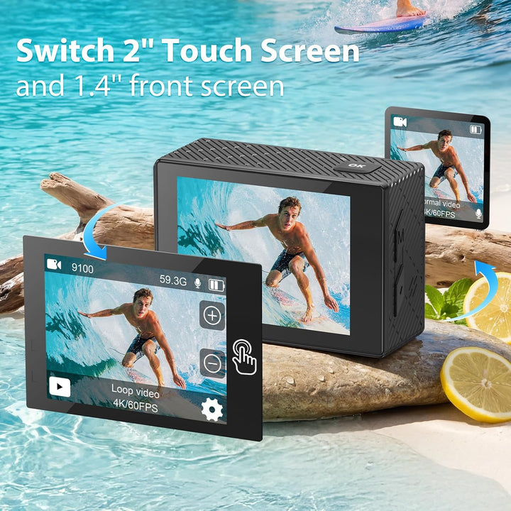 Actioncam 4K 60FPS WiFi Unterwasserkamera 40MP 40 Meter wasserdicht mit Touchscreen, 170° Weitwinkel