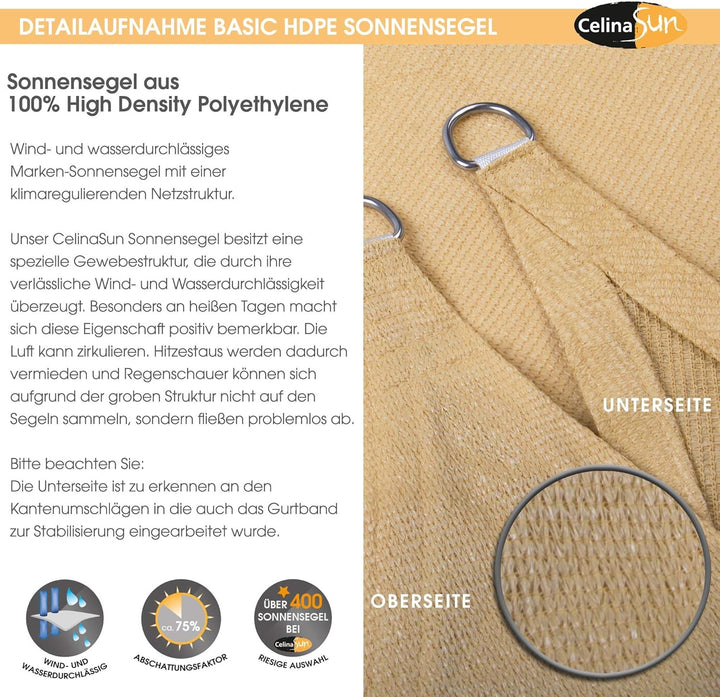 CelinaSun Sonnensegel inkl Befestigungsseile HDPE Basic Dreieck gleichseitig 3,6 x 3,6 x 3,6 m sandb