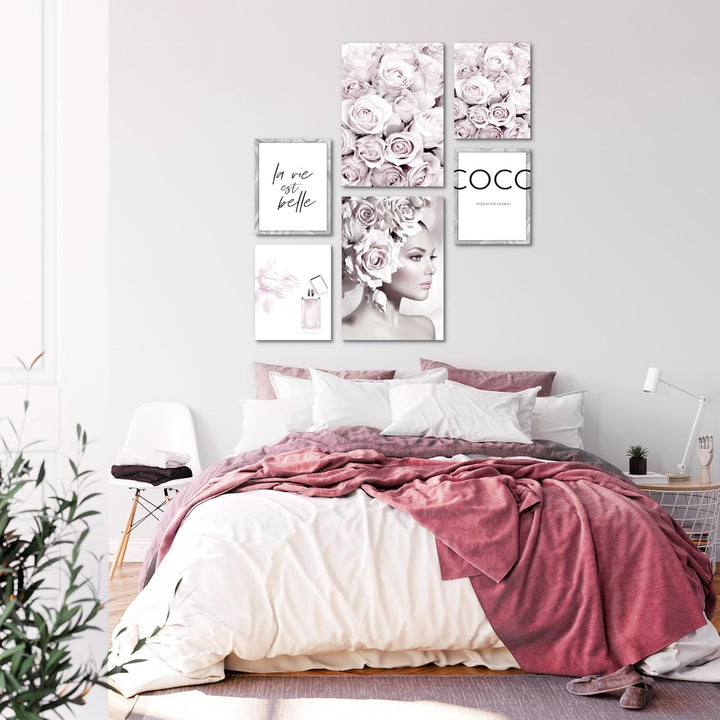 Novart Wandbilder Set Coco Fashion Grau Rosa - KEIN EXTRA RAHMEN BENÖTIGT - Modern Deko - Wohnzimmer