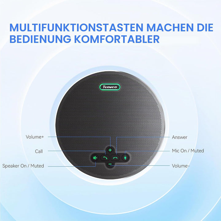 Tenveo M5B-W MagiCallpro Konferenzlautsprecher mit 8 AI-Mikrofonen, 360°-Raumerfassung, 18h Akku. Ko