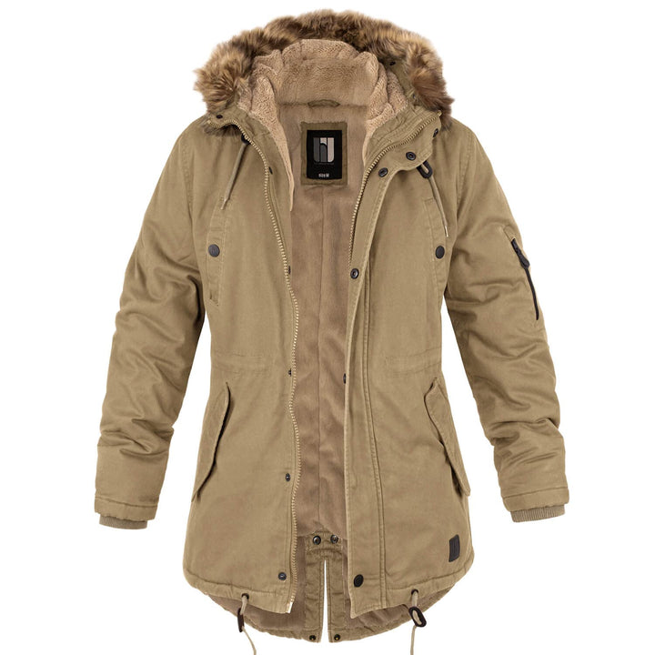 bw-online-shop Ladies Fishtail Winterparka mit Teddyfutter Parka Jacke Wintermantel XS Camel, XS Cam