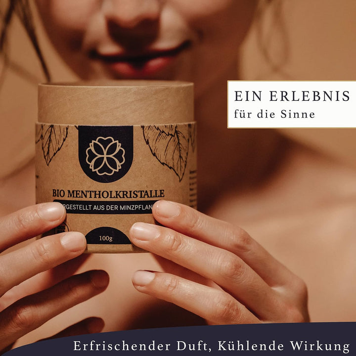 BIO Mentholkristalle Sauna Liebenstein® [100g] – nachhaltige Verpackung und Dosierlöffel aus Holz –