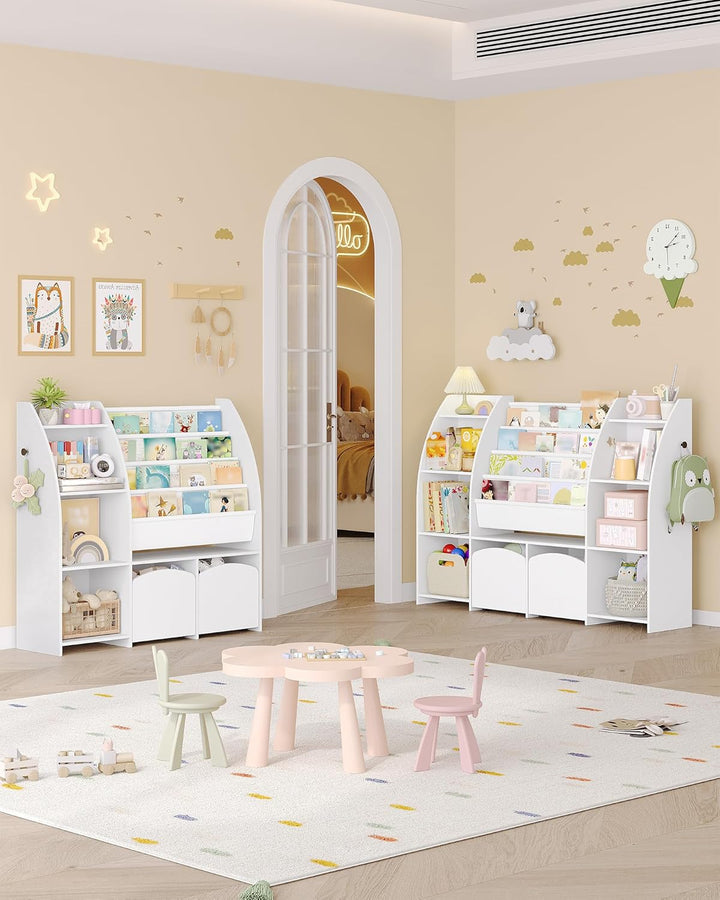 Hzuaneri Kinderregal mit Zeitungsständer, Bücherregal Kinder mit 2 Säulen, 4 Ablagen, Spielzeugregal
