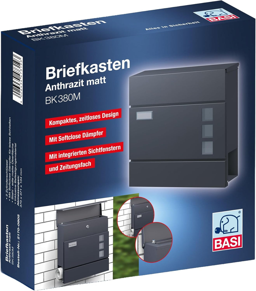 BASI | Briefkasten mit Softclose Klappe, Sichtfenster & Namensschild | DIN A4 Einwurf | inkl. 2 Schl