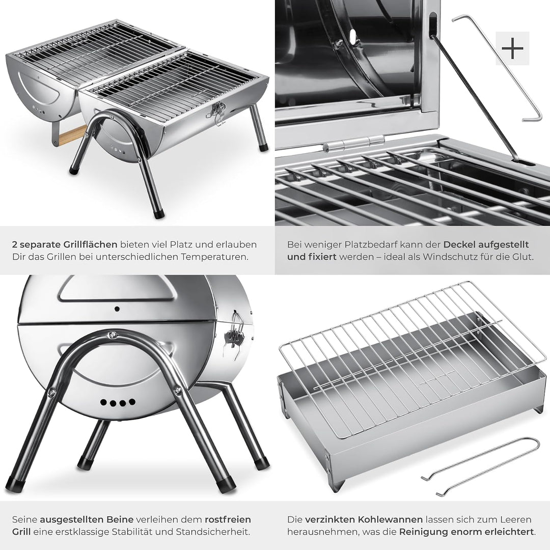 tectake® Edelstahlgrill, wetterfest, Doppel-Grillfläche 34 x 45 cm