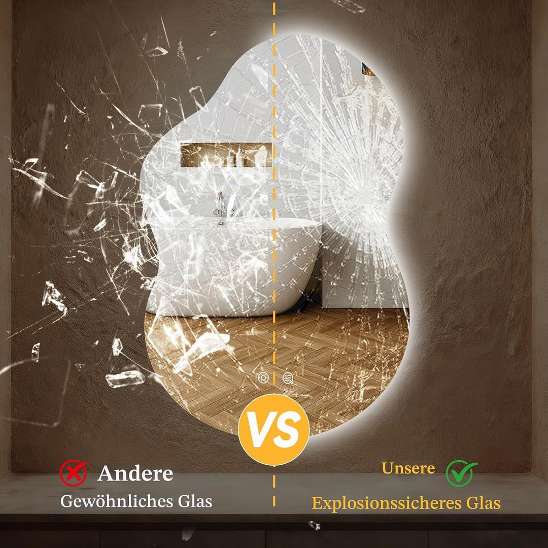 Clevich Badspiegel mit Beleuchtung Asymmetrisch 90×60 cm, LED Spiegel mit 3 Lichtfarben dimmbar, geh