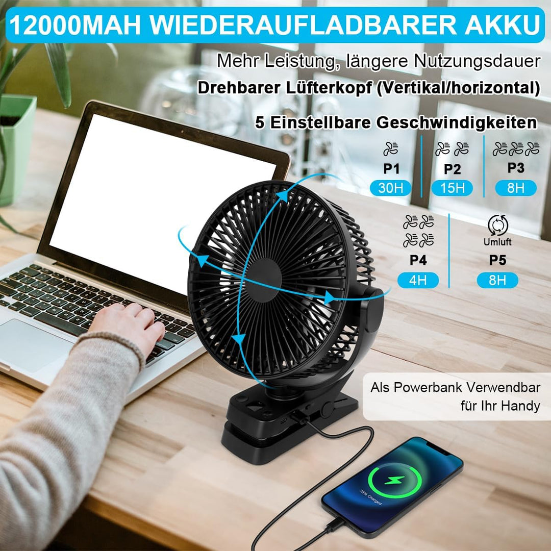 ELZO Tischventilatoren Camping Ventilator, 21cm/8.26 Zoll, 12000mAh Wiederaufladbarer USB Ventilator