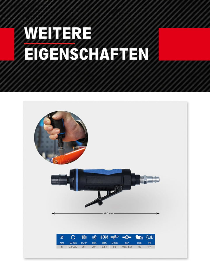 BRILLIANT TOOLS Mini Stabschleifer Druckluft gerade BT160702 22.000 U/min I Geradschleifer mit Drehz