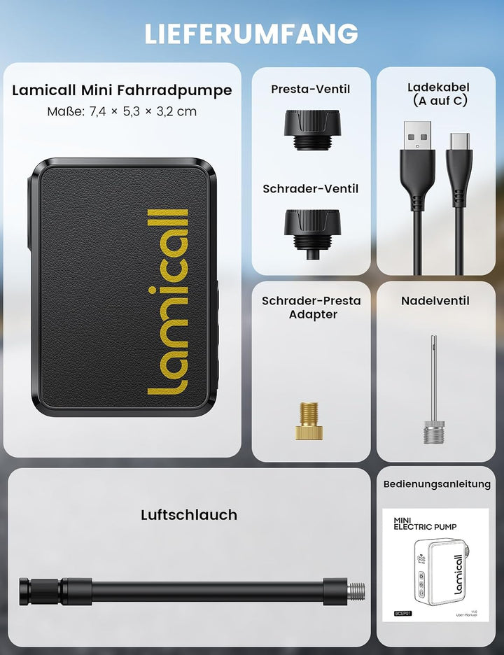 Lamicall Mini Fahrradpumpe Elektrisch Luftpumpe, 120 PSI Akku Fahrradpumpe | [Ultra Tragbare &amp; Schne