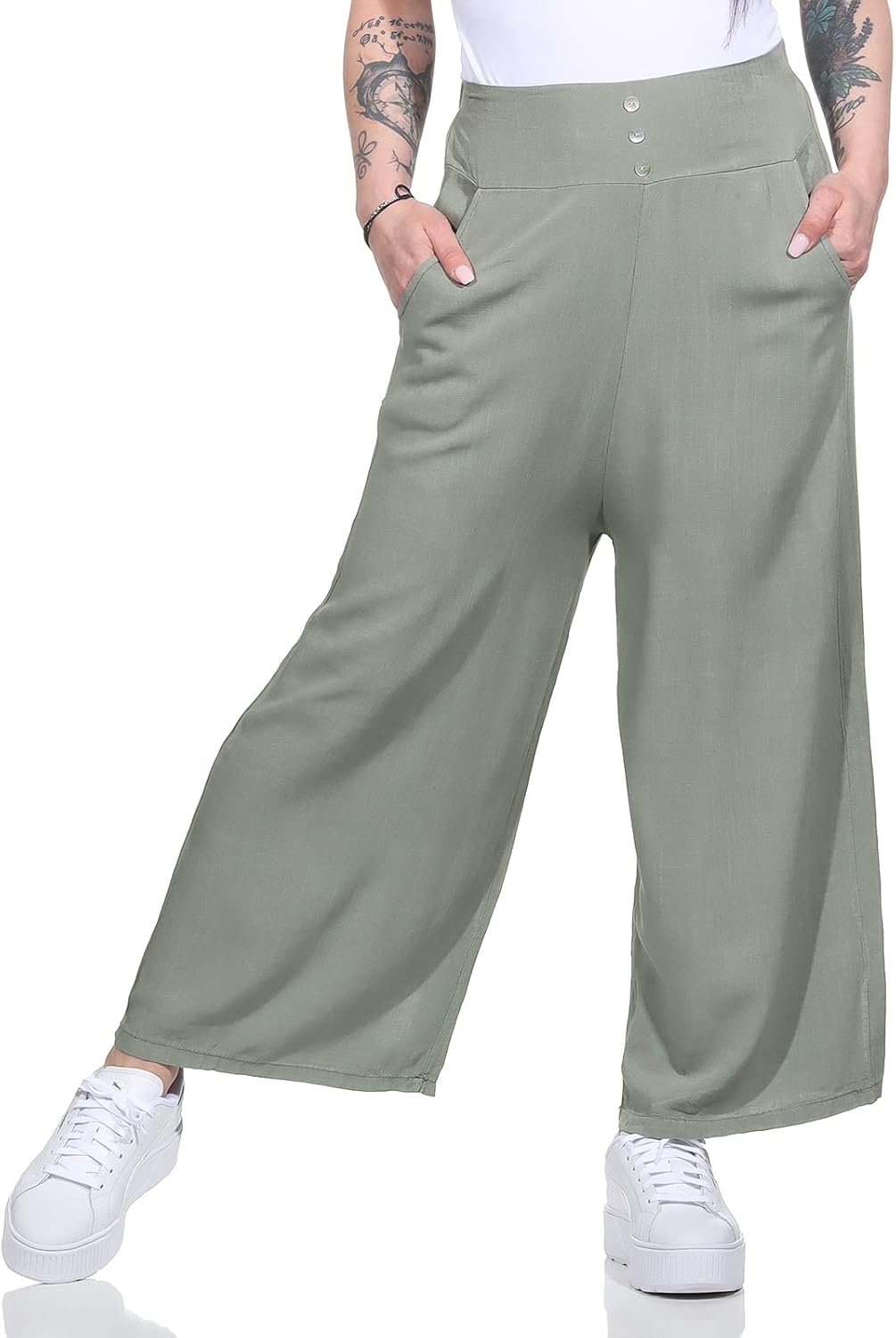 ZARMEXX Damen Hose Marlenehose Palazzo luftige Sommerhose Boho Hippie 7/8 Schlaghose 36-40 Armee, 36